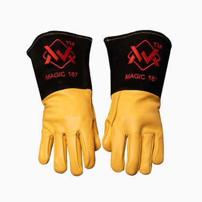 Hybrid TIG & Stick Welding Gloves black with yellow cuff and red logo, heat-resistant leather gloves.