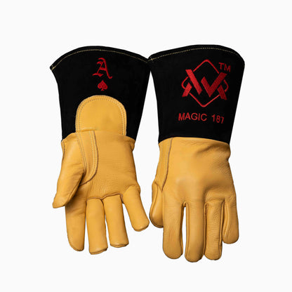 Black leather welding gloves with yellow cuff, durable hybrid design for TIG and Stick welding.