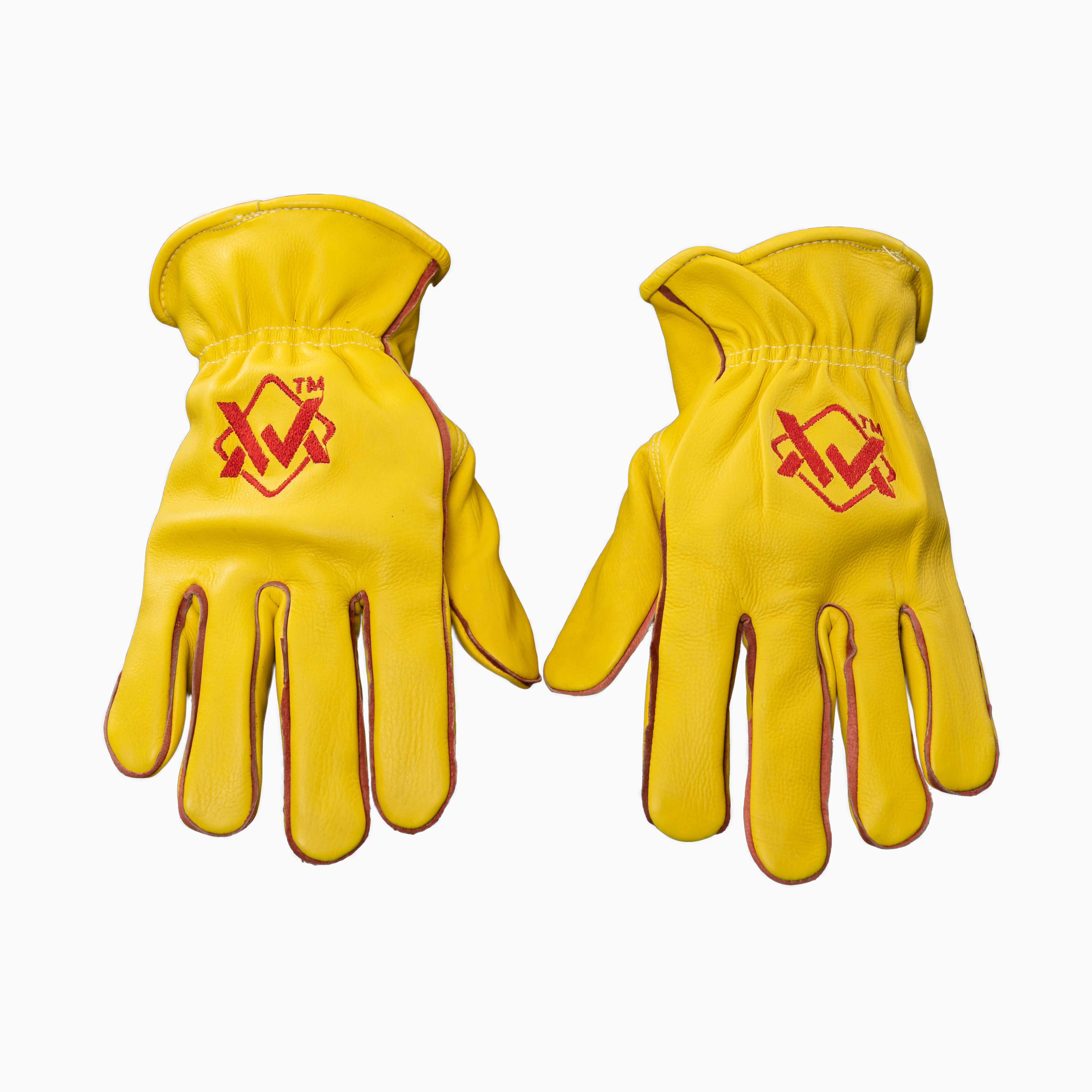 Pair of yellow gloves with red logos on a white background