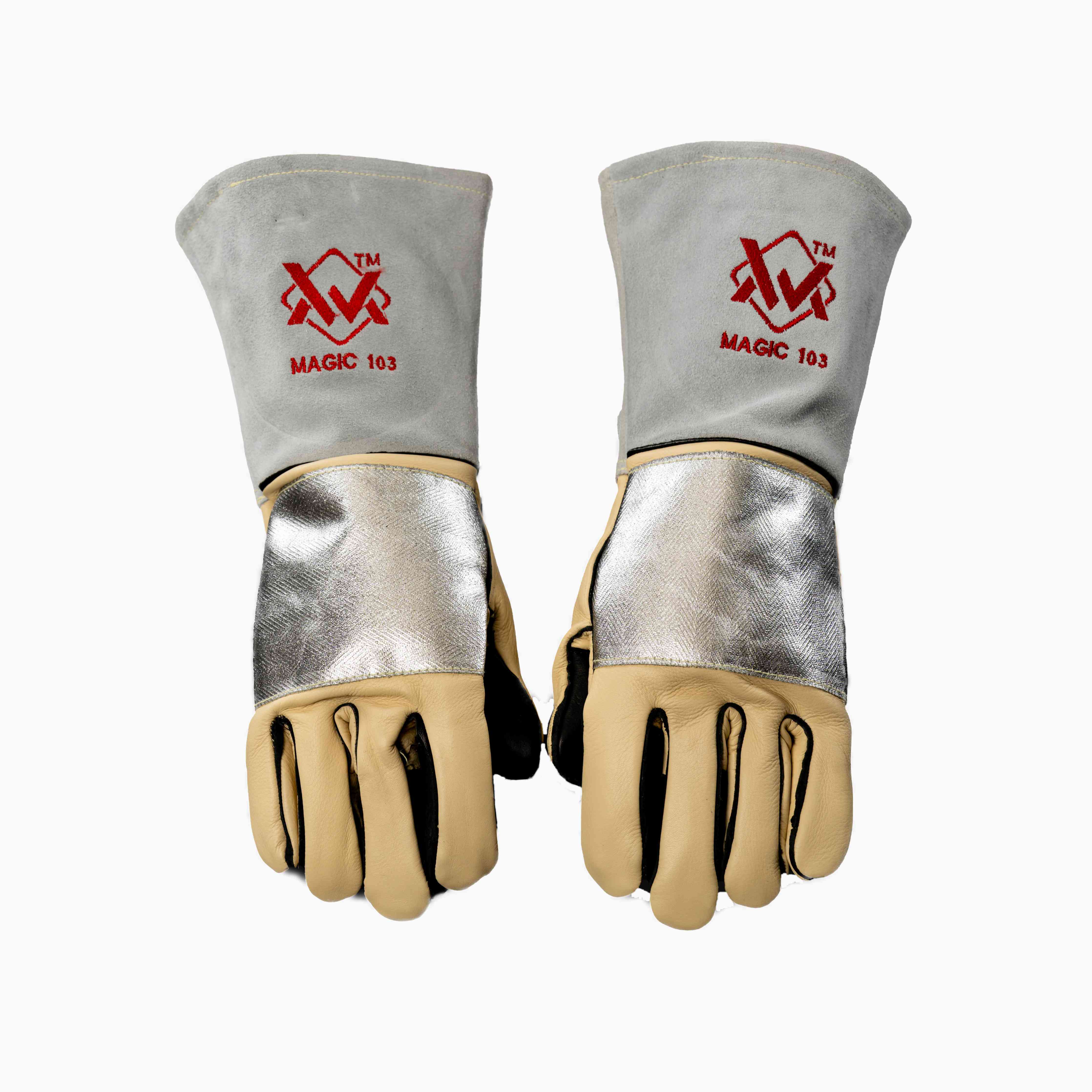 Elite Stick Welding Gloves silver with reflective patch and gray cuff, heat-resistant leather gloves.