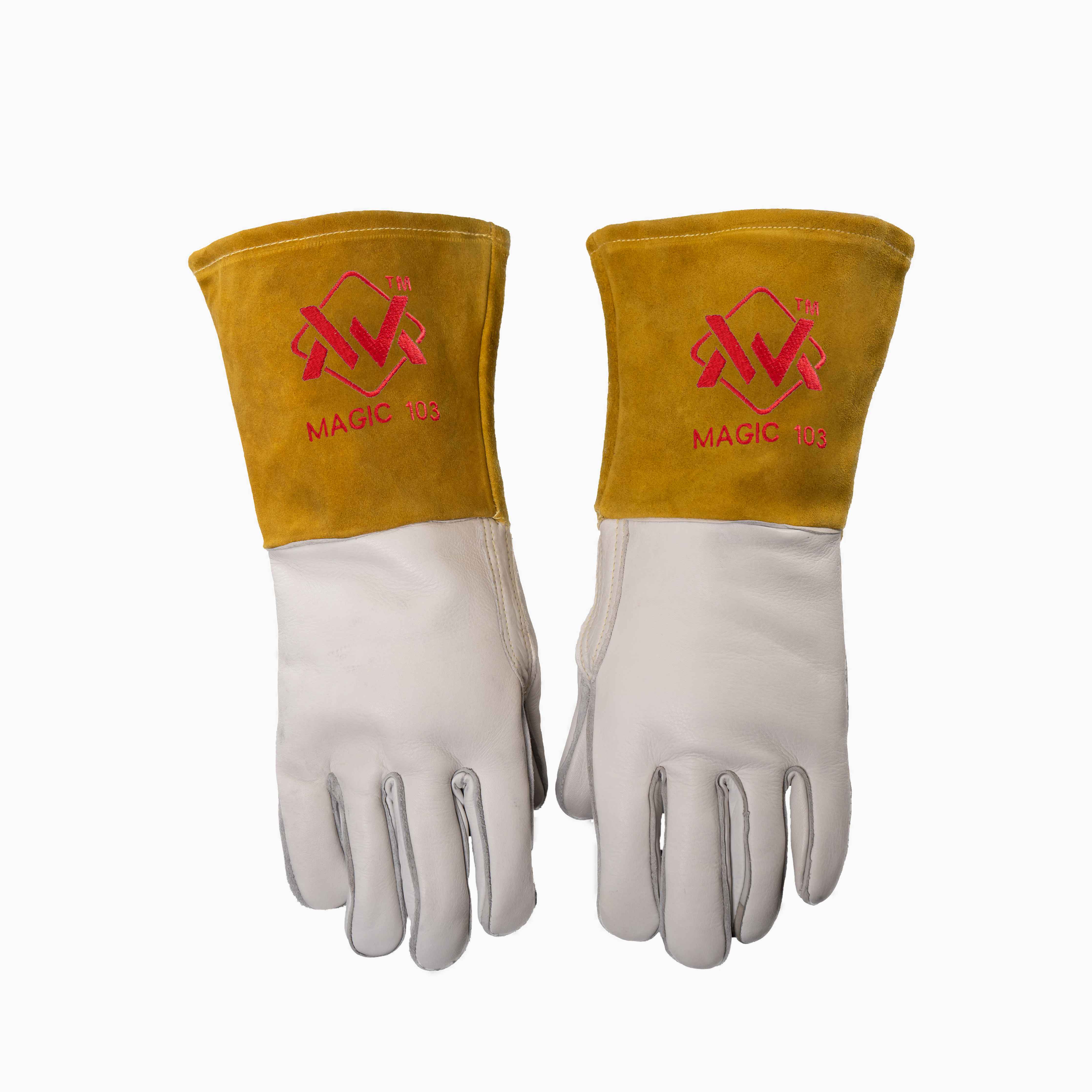 Elite Stick Welding Gloves yellow and white with red logo, flame-resistant leather gloves.