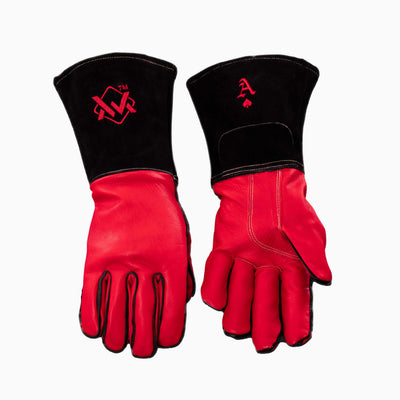 Black/Red leather welding gloves with red embroidery, reinforced cuff for heat resistance.
