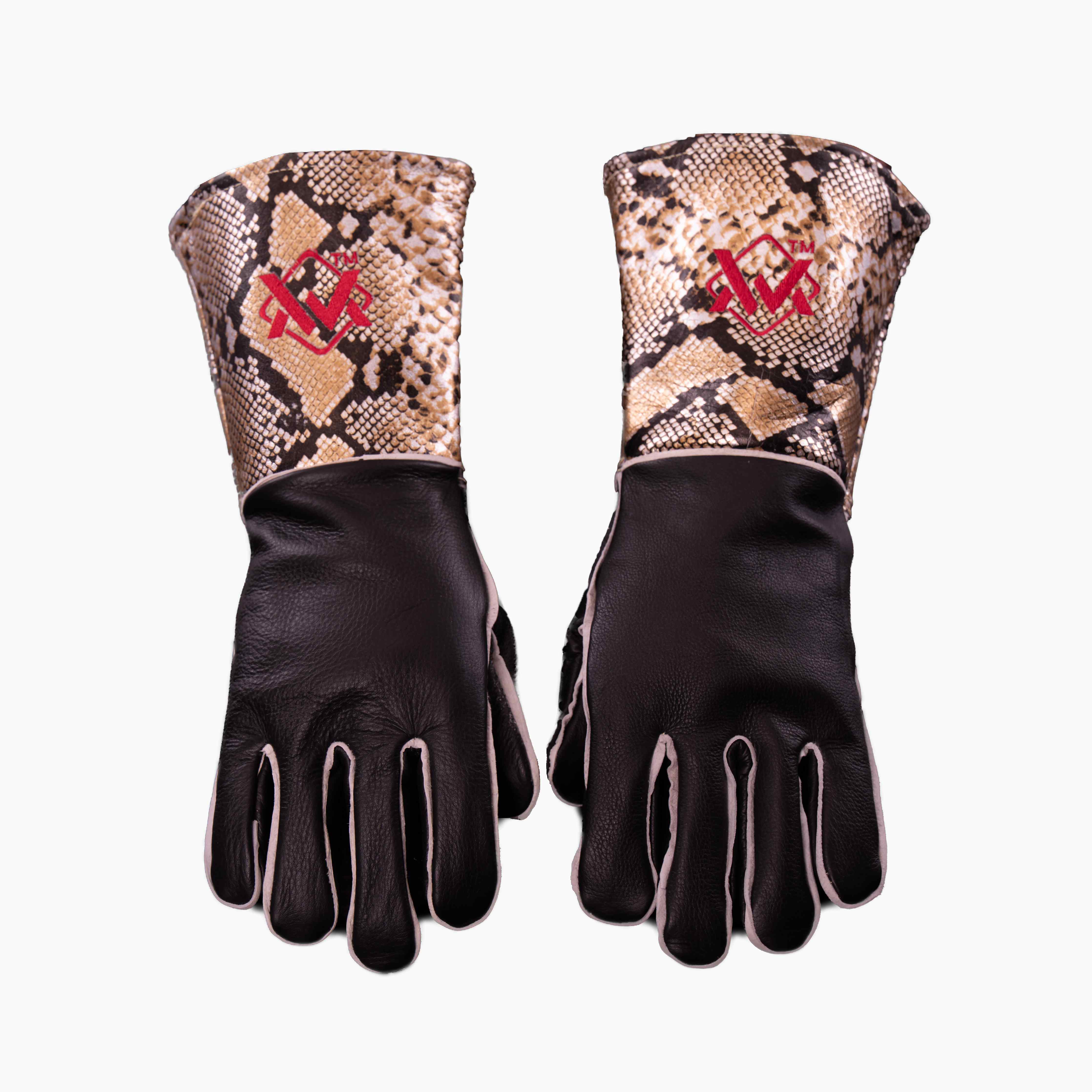 Stick Welding Gloves gold/red, leather design for durability and protection.