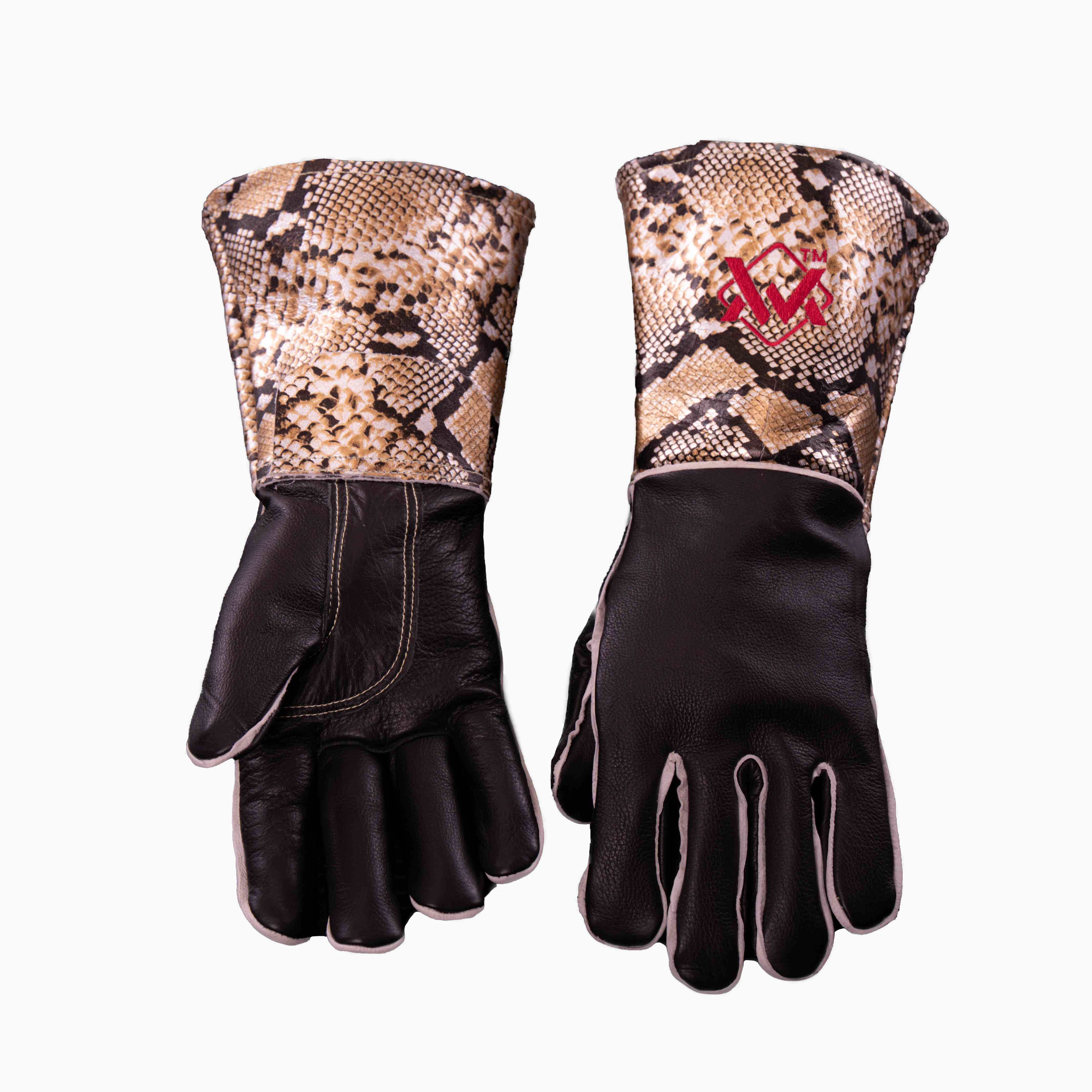 Gold/Black leather welding gloves with red embroidery, reinforced cuff for heat resistance.