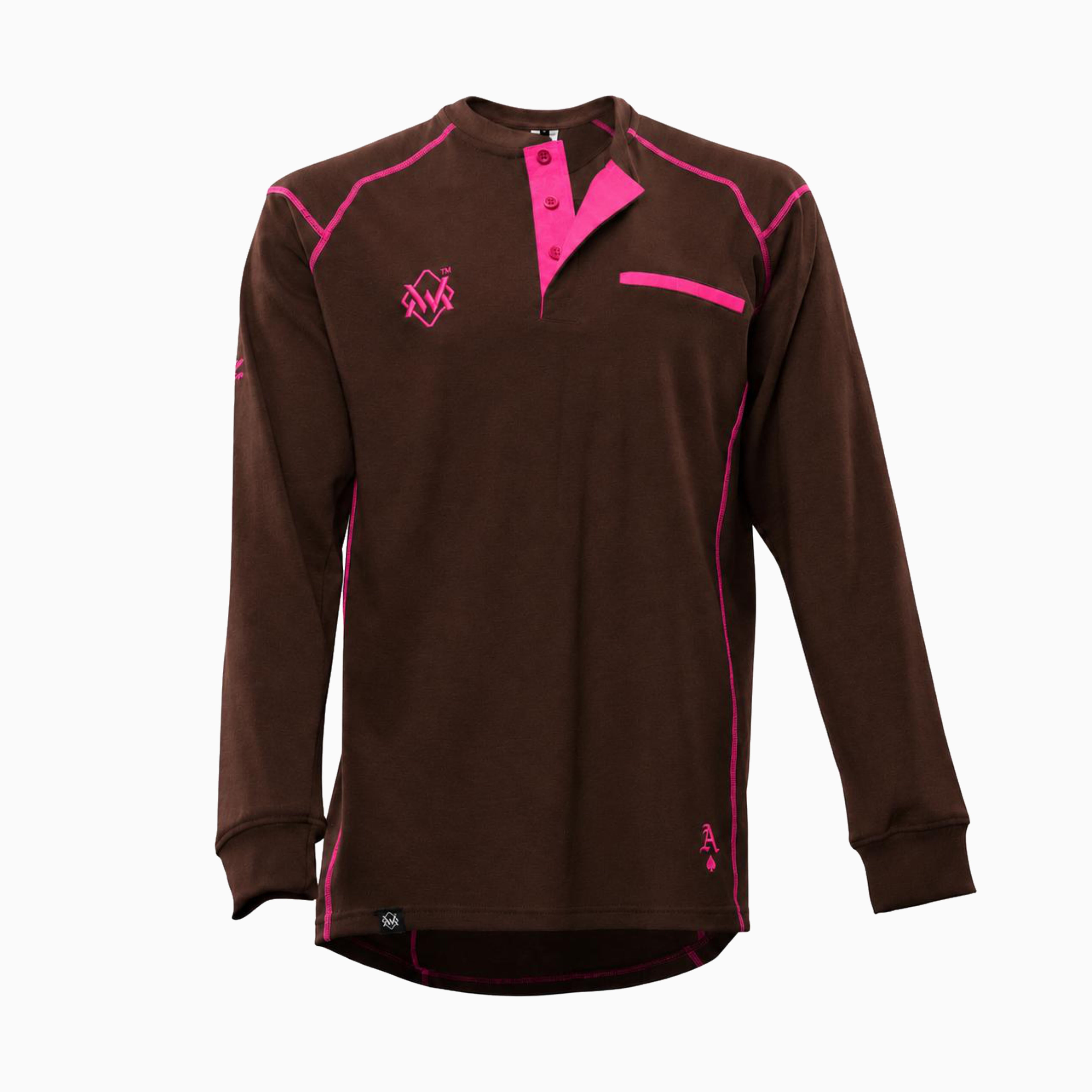 Elite FR Long-Sleeve Work Tee in brown and pink, front view of flame-resistant professional welding shirt.