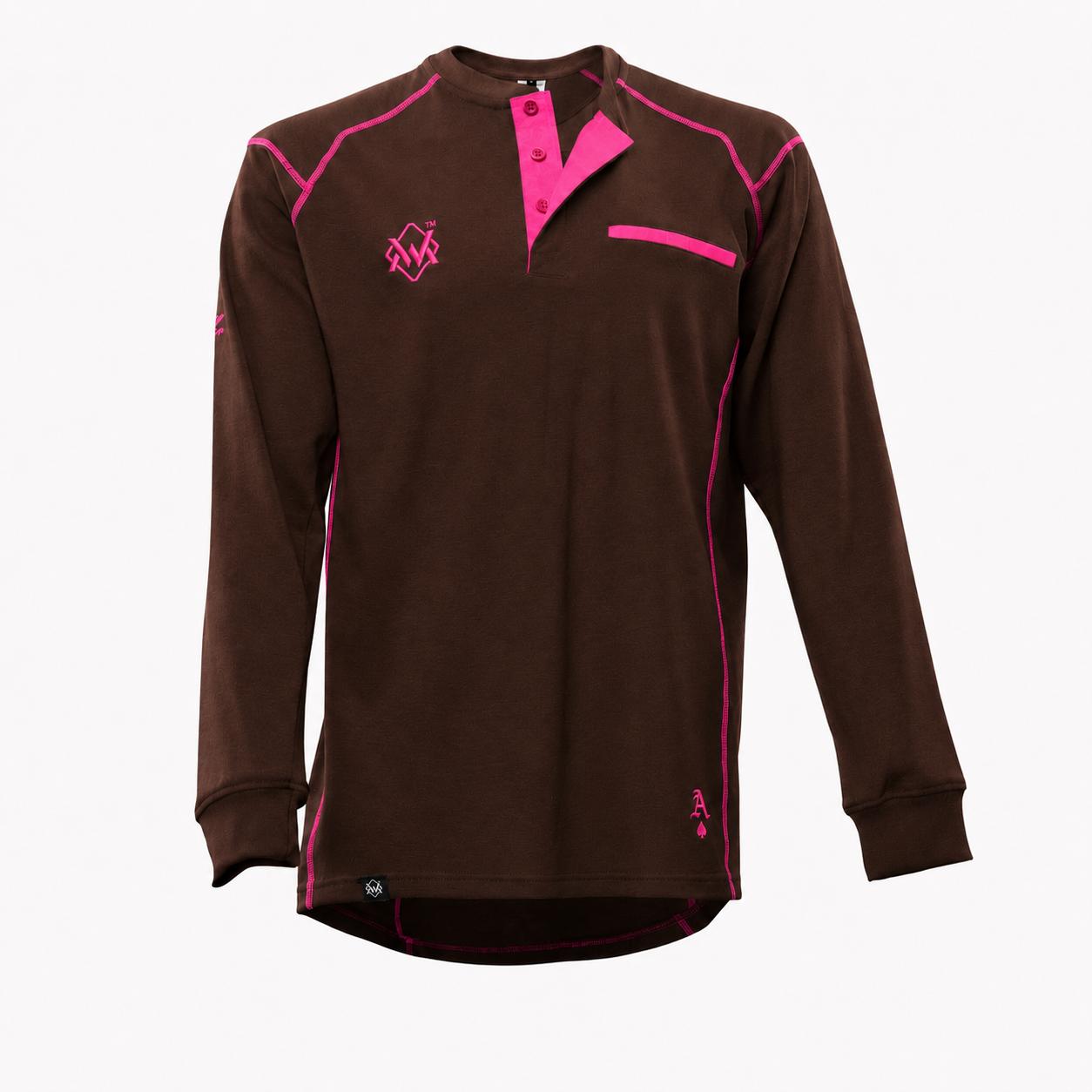 Elite FR Long-Sleeve Work Tee in brown and pink, front view of flame-resistant professional welding shirt.