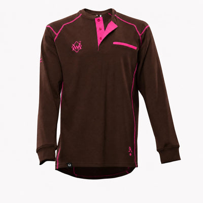 Elite FR Long-Sleeve Work Tee in brown and pink, front view of flame-resistant professional welding shirt.