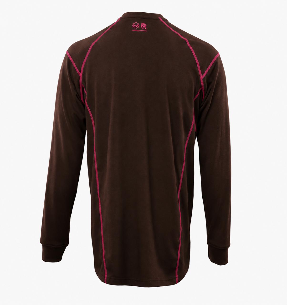 Back view of Brown and pink Elite FR Long-Sleeve Work Tee with ergonomic seams and FR back logo.