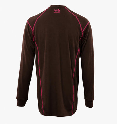 Back view of Brown and pink Elite FR Long-Sleeve Work Tee with ergonomic seams and FR back logo.
