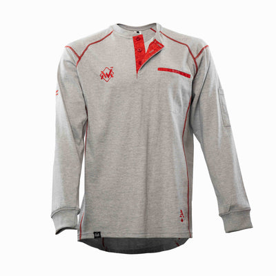Elite FR Long-Sleeve Work Tee in gray with red stitching, front view of heat-resistant welding shirt.