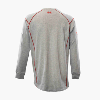 Back view of gray and red Elite FR Long-Sleeve Work Tee, designed for comfort and flame protection.