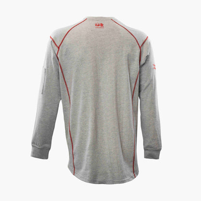 Back view of gray and red Elite FR Long-Sleeve Work Tee, designed for comfort and flame protection.