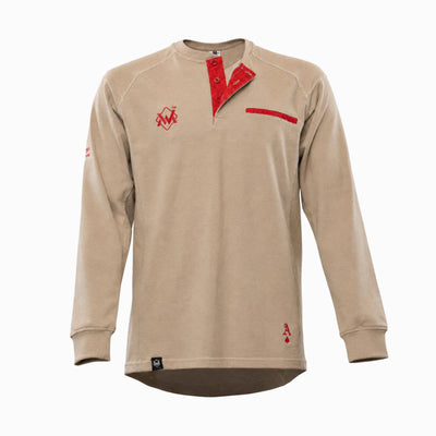 Elite FR Long-Sleeve Work Tee in khaki and red, front view of flame-resistant professional welding shirt.
