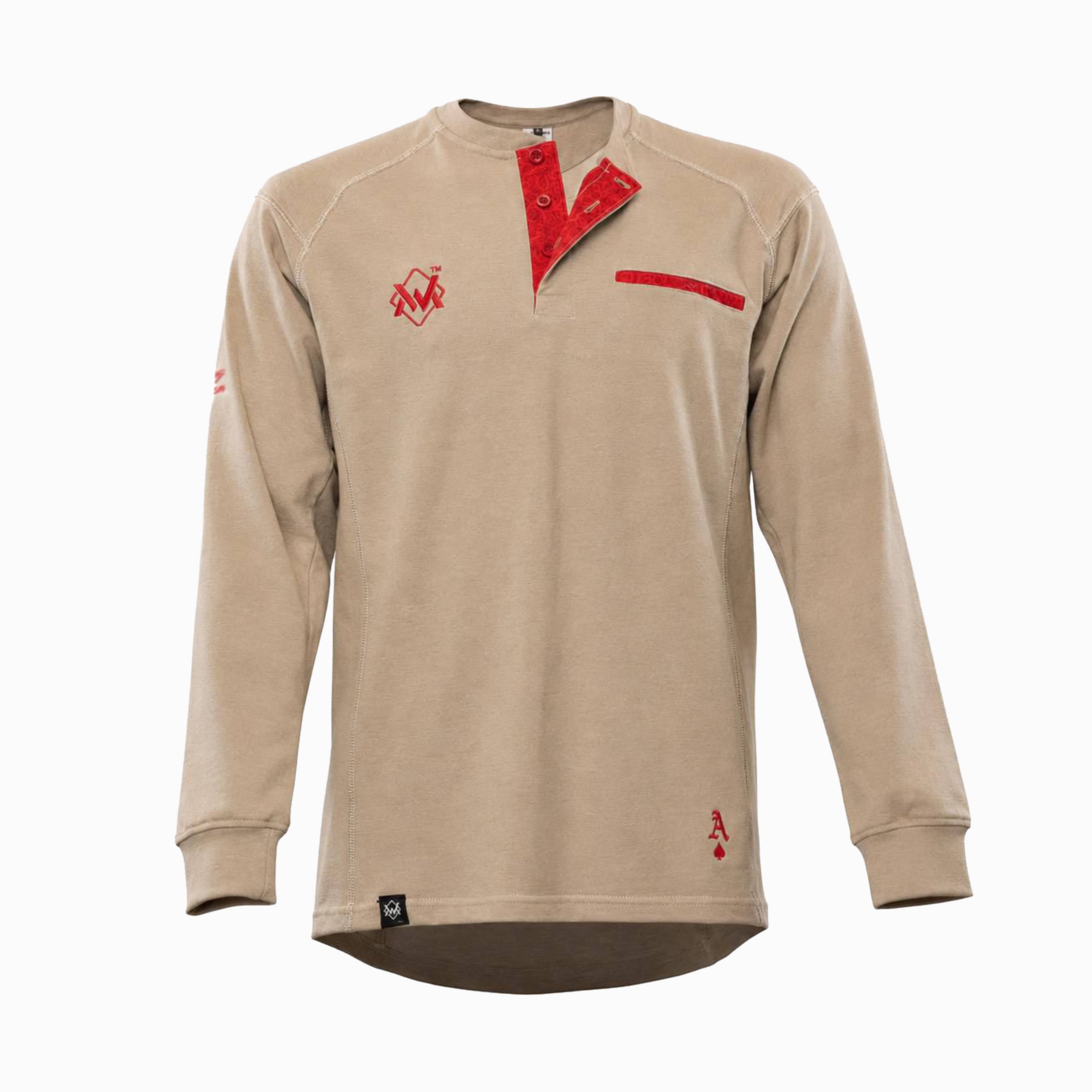 Elite FR Long-Sleeve Work Tee in khaki and red, front view of flame-resistant professional welding shirt.