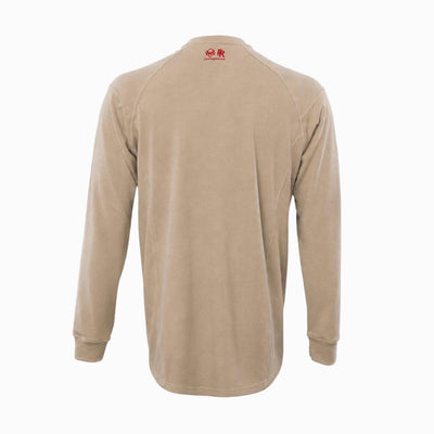 Back view of khaki and red Elite FR Long-Sleeve Work Tee with ergonomic seams and FR back logo.