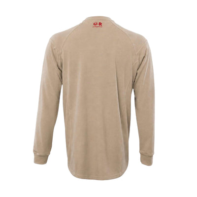 Back view of khaki and red Elite FR Long-Sleeve Work Tee with ergonomic seams and FR back logo.