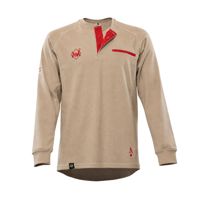 Elite FR Long-Sleeve Work Tee in khaki and red, front view of flame-resistant professional welding shirt.