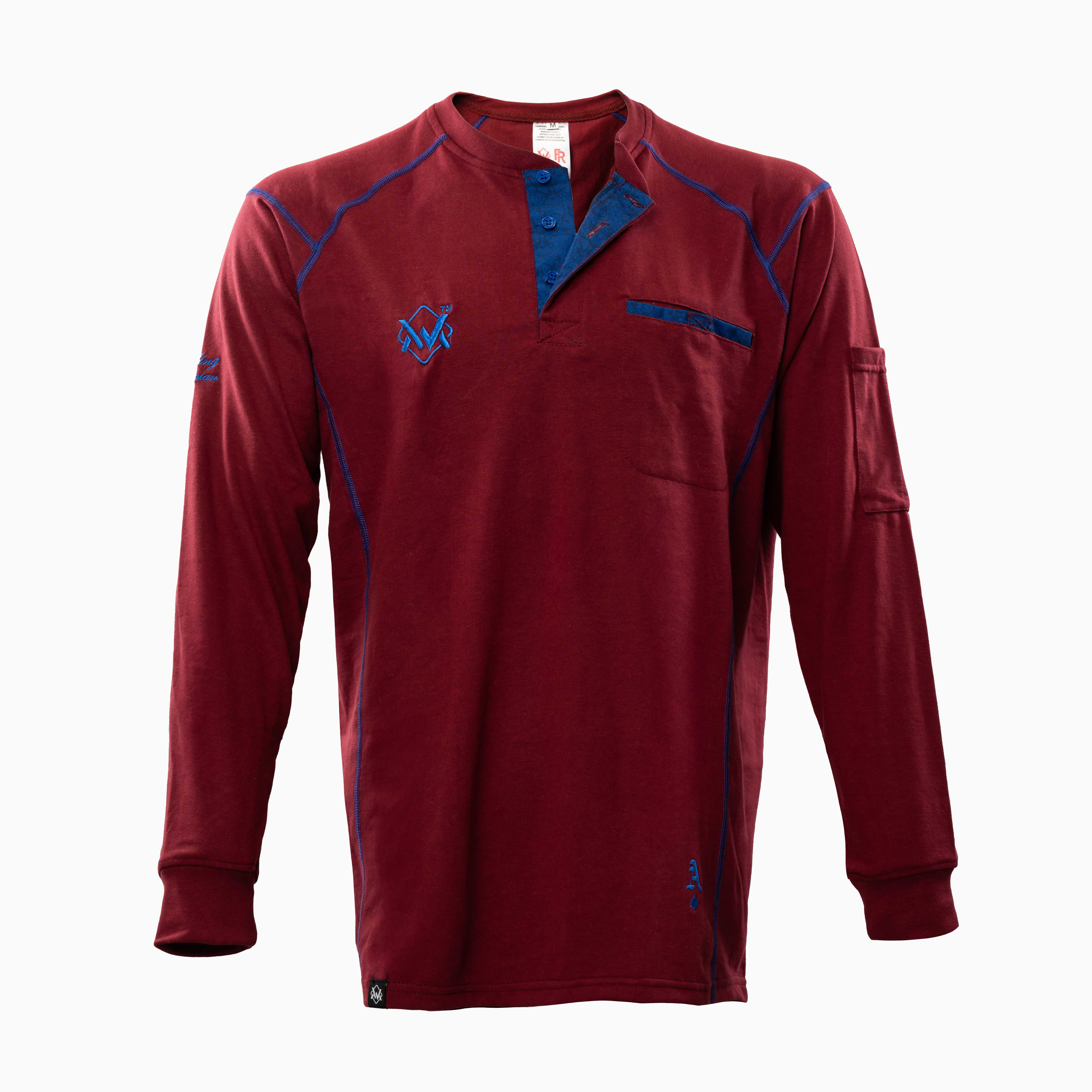 Elite FR Long-Sleeve Work Tee in maroon and blue, front view of flame-resistant long-sleeve shirt.