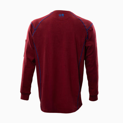 Back view of maroon and blue Elite FR Long-Sleeve Work Tee showing reinforced seams and FR detail.