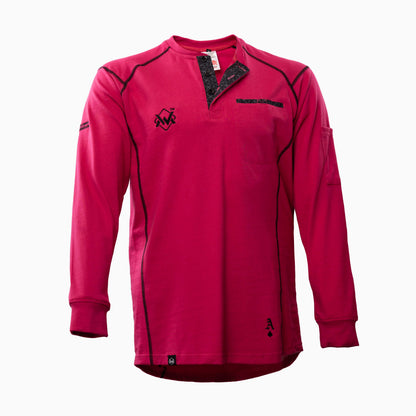 Elite FR Long-Sleeve Work Tee in pink and black, flame-resistant long-sleeve work shirt front view.
