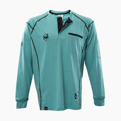 Elite FR Long-Sleeve Work Tee in teal and black, flame-resistant shirt with contrast stitching front view.