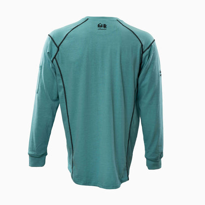 Back view of Elite FR Long-Sleeve Work Tee in teal and black, durable FR welding shirt with reinforced seams.