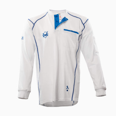 Elite FR Long-Sleeve Work Tee in white and blue stitching, breathable and flame-resistant shirt front view.