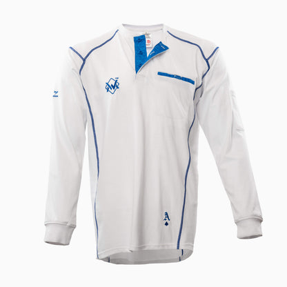 Elite FR Long-Sleeve Work Tee in white and blue stitching, breathable and flame-resistant shirt front view.