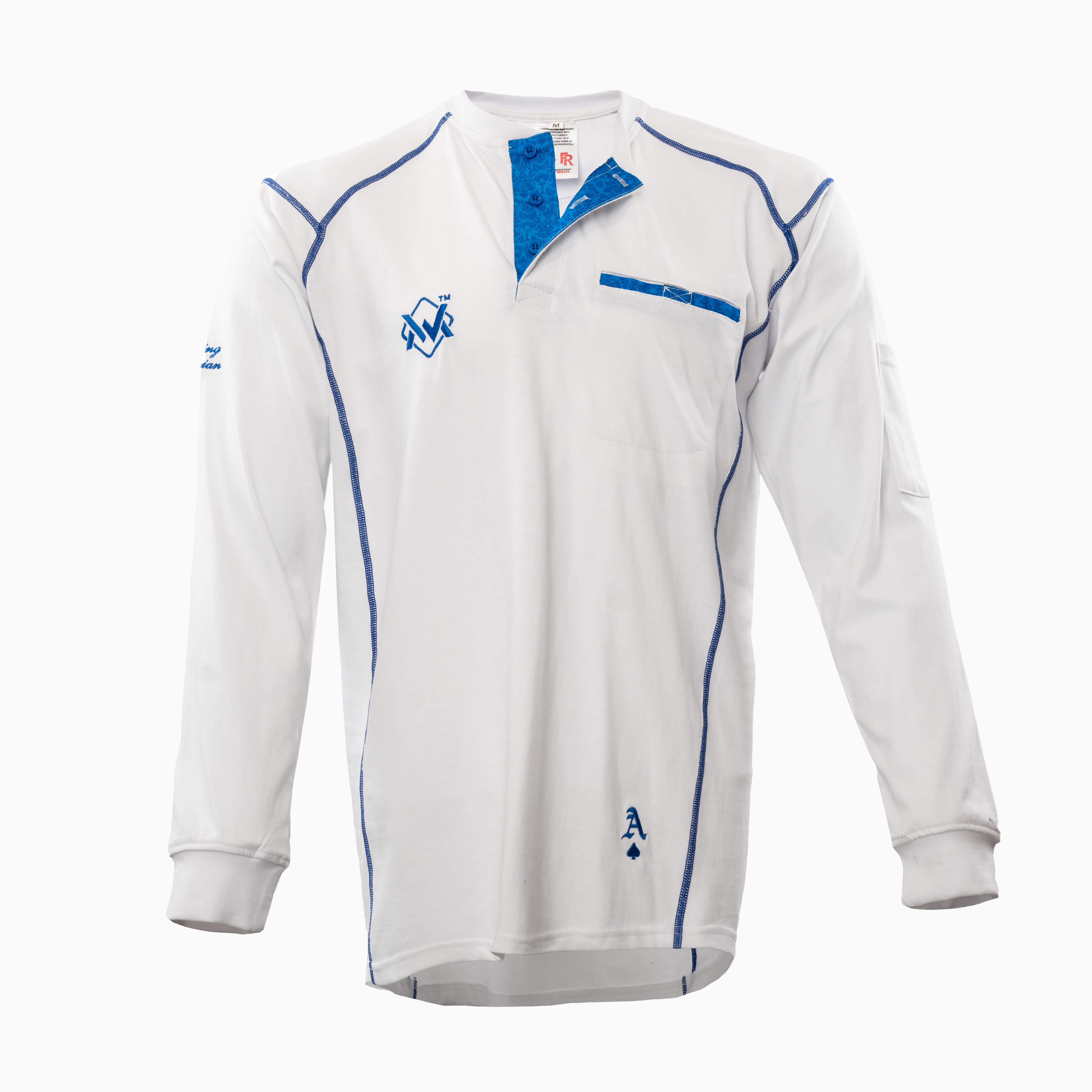 Elite FR Long-Sleeve Work Tee in white and blue stitching, breathable and flame-resistant shirt front view.