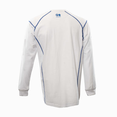 Back view of white and blue Elite FR Long-Sleeve Work Tee featuring reinforced seams and logo detail.