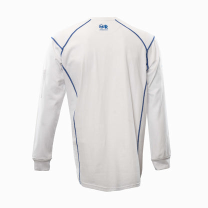 Back view of white and blue Elite FR Long-Sleeve Work Tee featuring reinforced seams and logo detail.