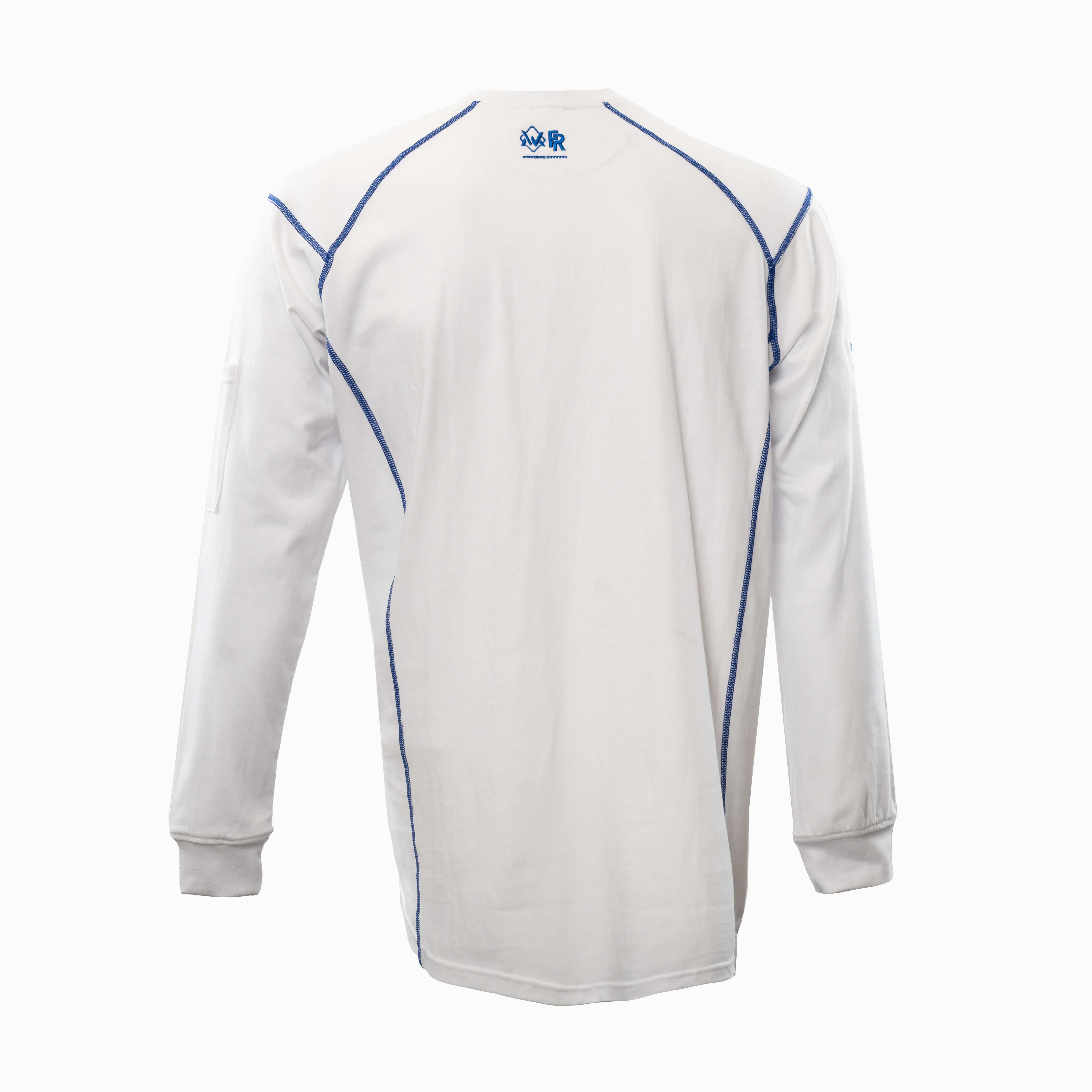 Back view of white and blue Elite FR Long-Sleeve Work Tee featuring reinforced seams and logo detail.