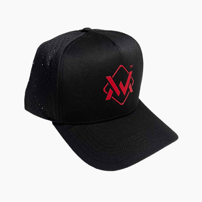 Magician Performance Logo Cap in black with red logo, lightweight perforated hat designed for comfort and breathability.