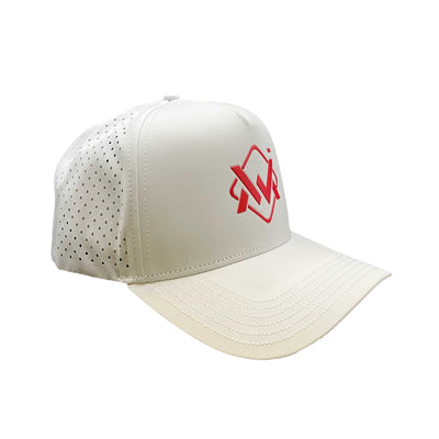 Magician Performance Logo Cap in white with red logo, lightweight perforated hat designed for comfort and breathability.