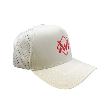 Magician Performance Logo Cap in white with red logo, lightweight perforated hat designed for comfort and breathability.