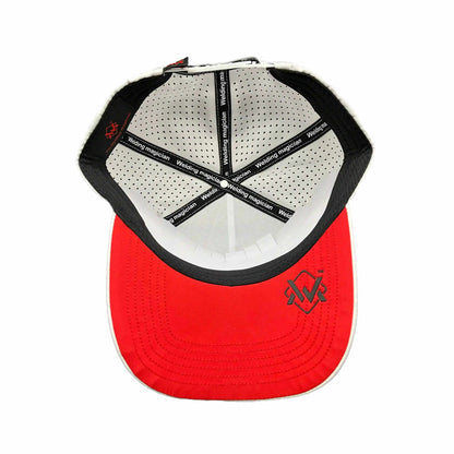 Inside view of Magician Performance Logo Cap in white, showing red visor, black trim, and ventilated lining for airflow.