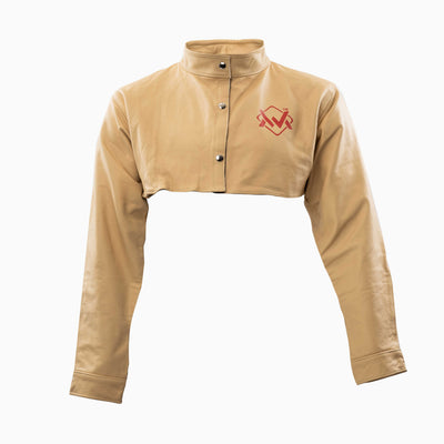 Magician’s Guard Classic Welding Jacket – front view of tan leather welding jacket with snap closure and full arm coverage.