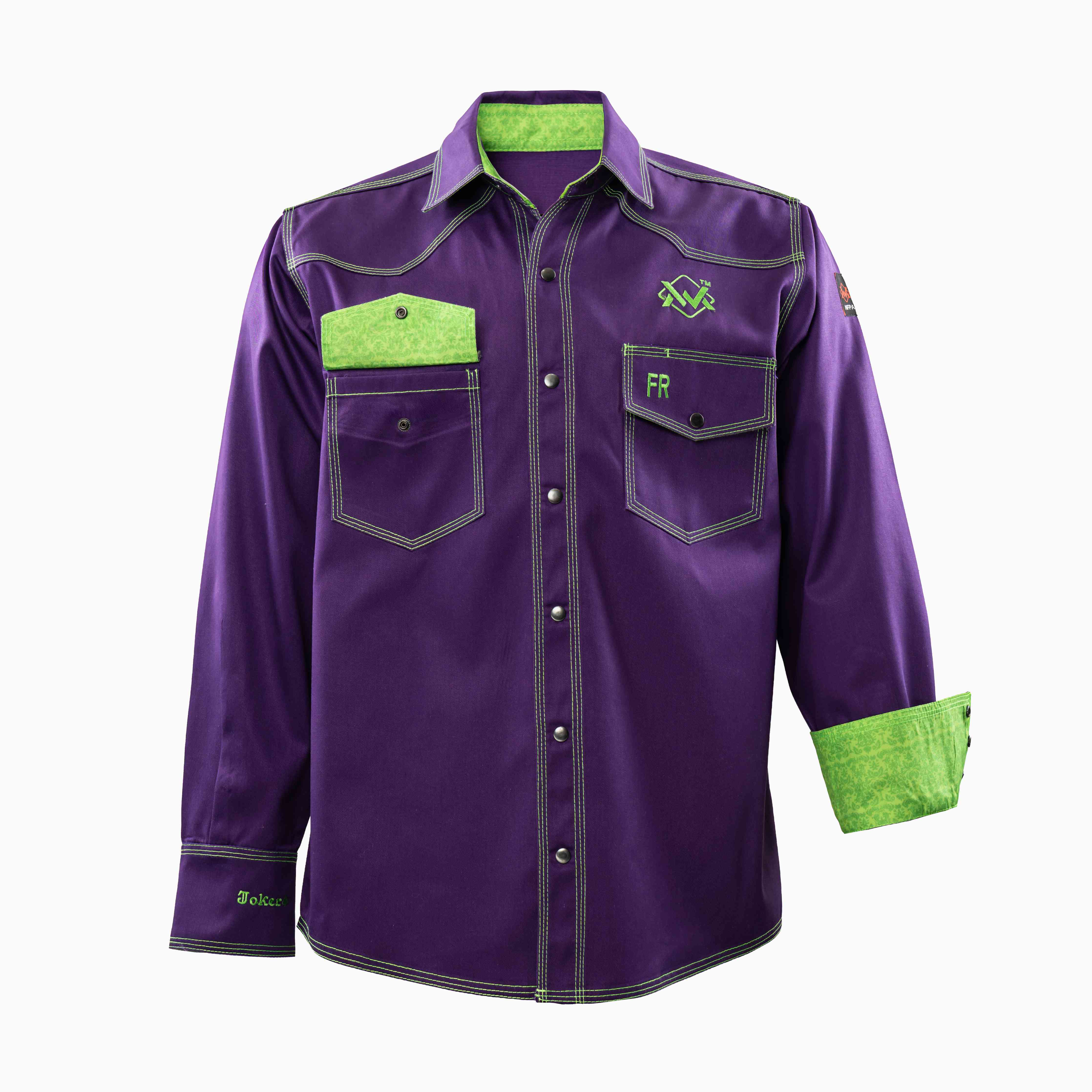 Flame-Resistant (FR) Welding Shirt front – Purple / Joker | The Welding Magician