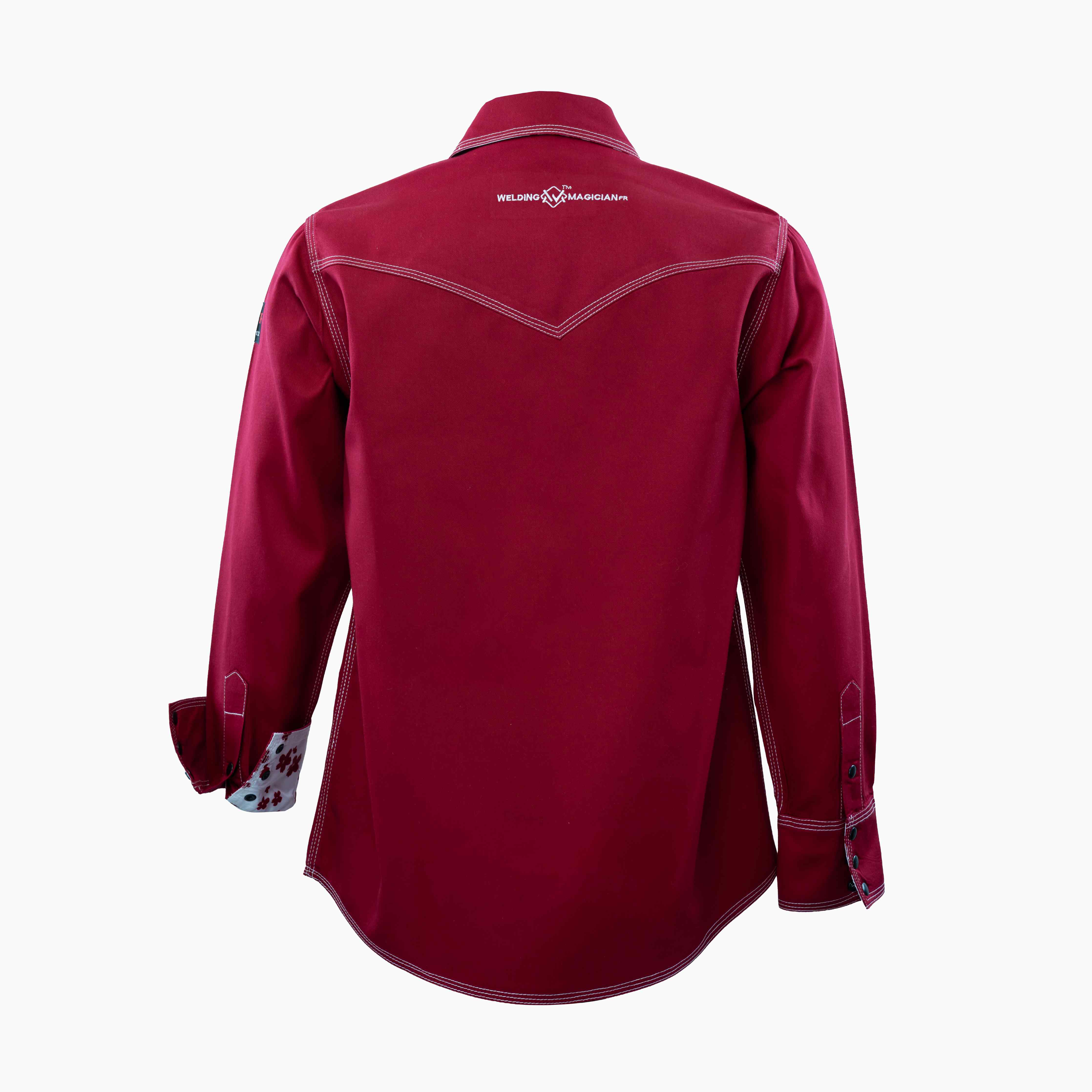 Flame-Resistant (FR) Welding Shirt back – Red / Floral | The Welding Magician