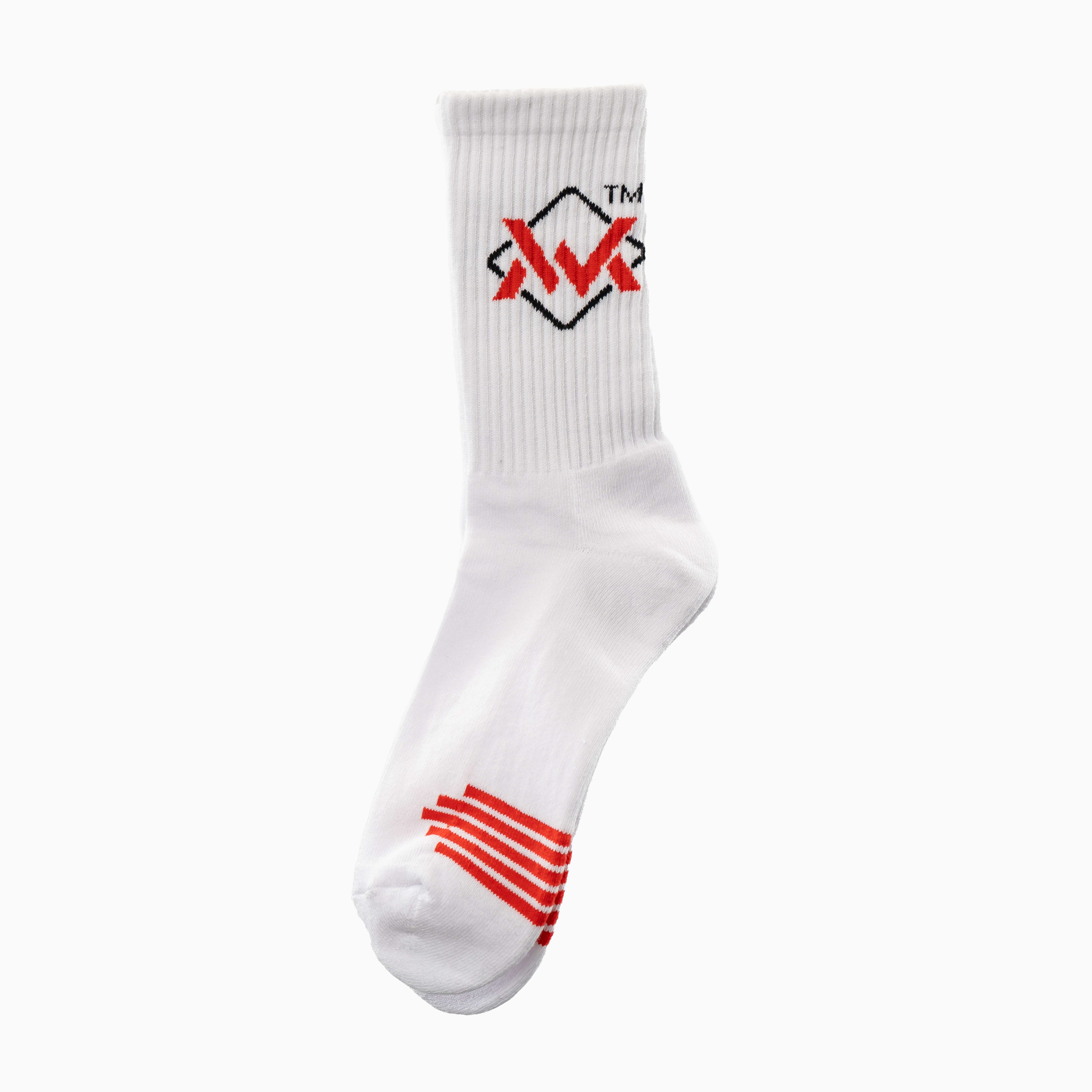Elite Crew Socks in white with red logo and stripe detail, high-performance work socks designed for comfort, breathability, and durability.