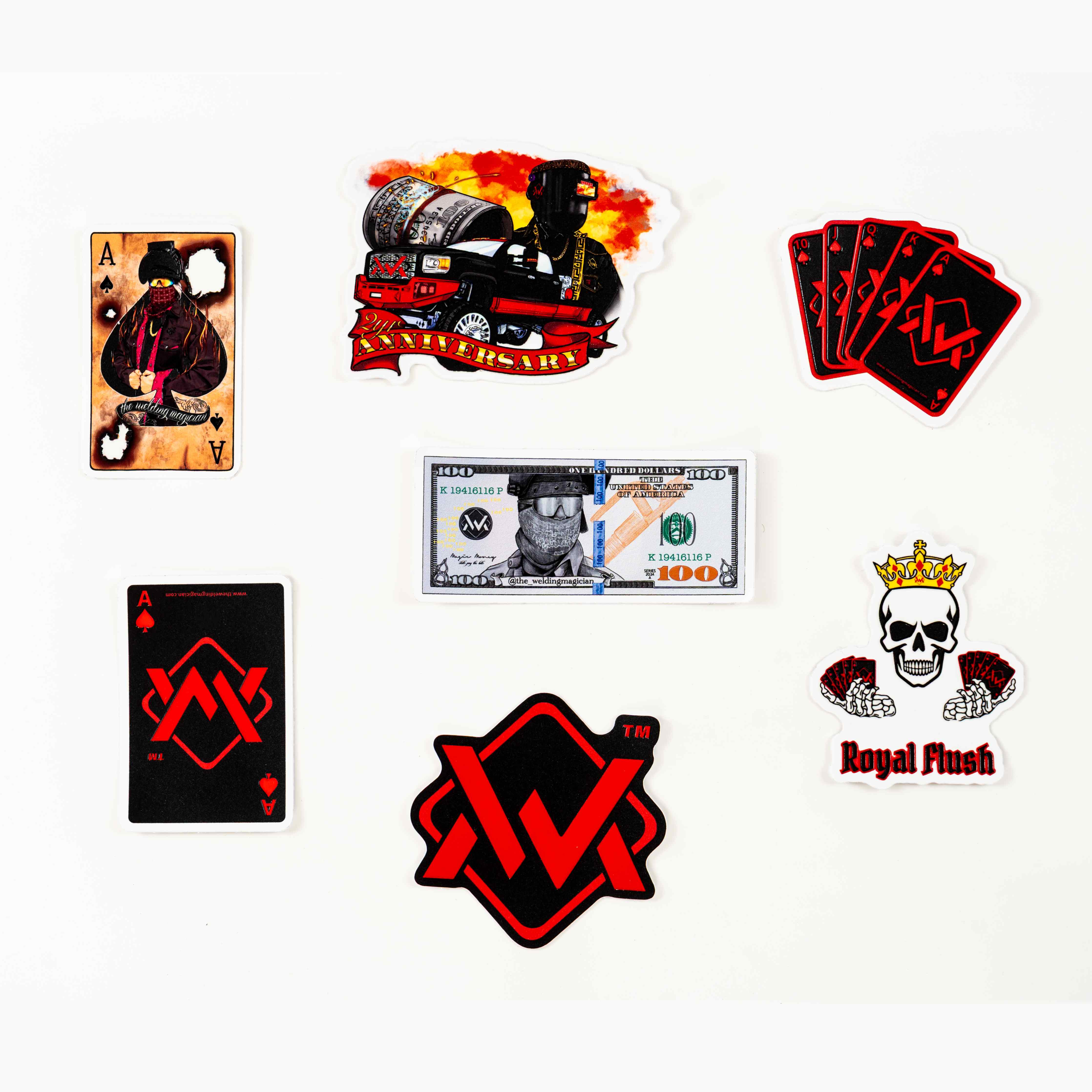 The Welding Magician welding sticker pack with logo, playing cards, cash bill, anniversary, and Royal Flush designs