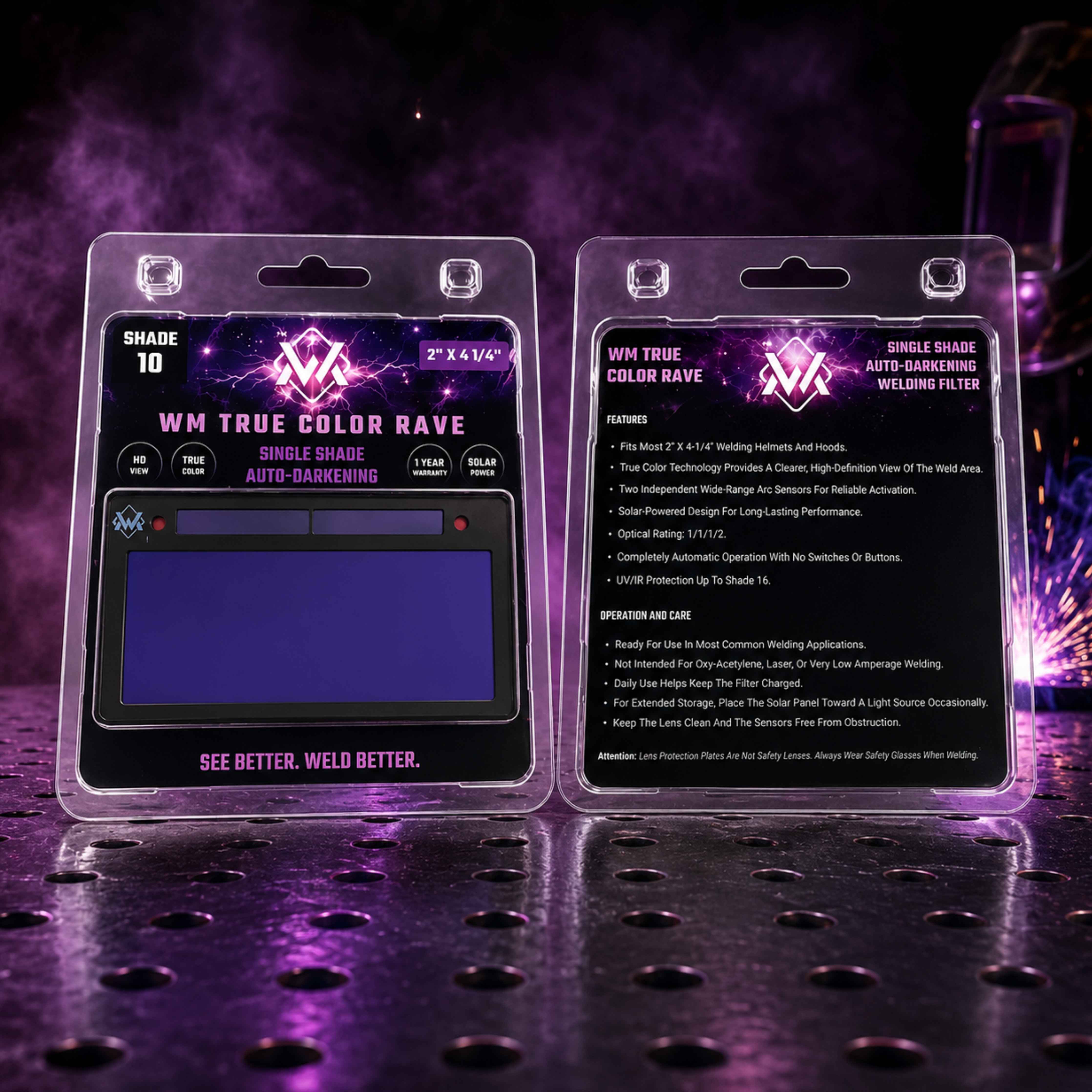 The Welding Magician WM True Color Rave Shade 10 single shade auto-darkening welding filter shown in front and back retail packaging