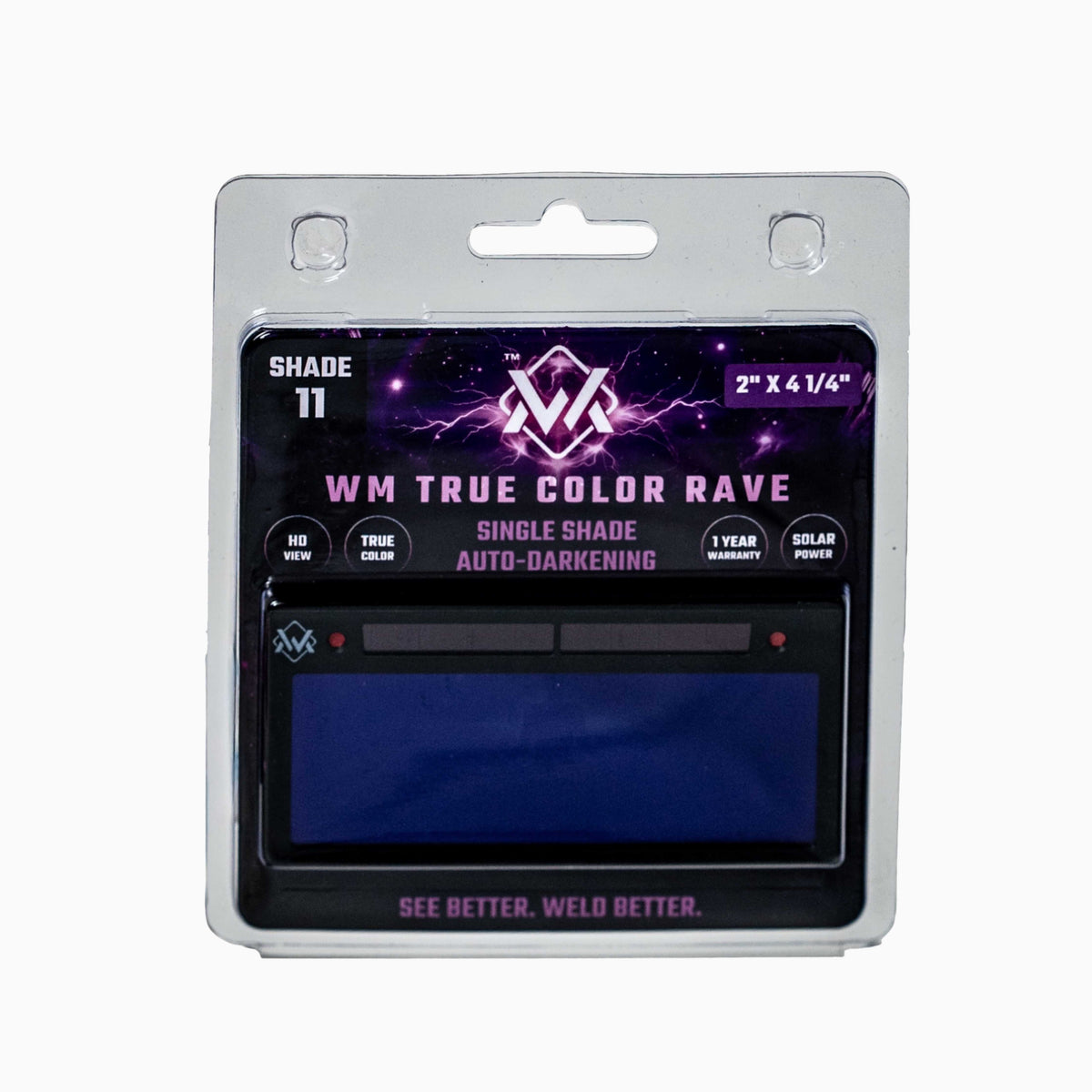 WM True Color Rave Welding Lens single shade auto-darkening filter in retail packaging, shade 11 with solar power and HD view