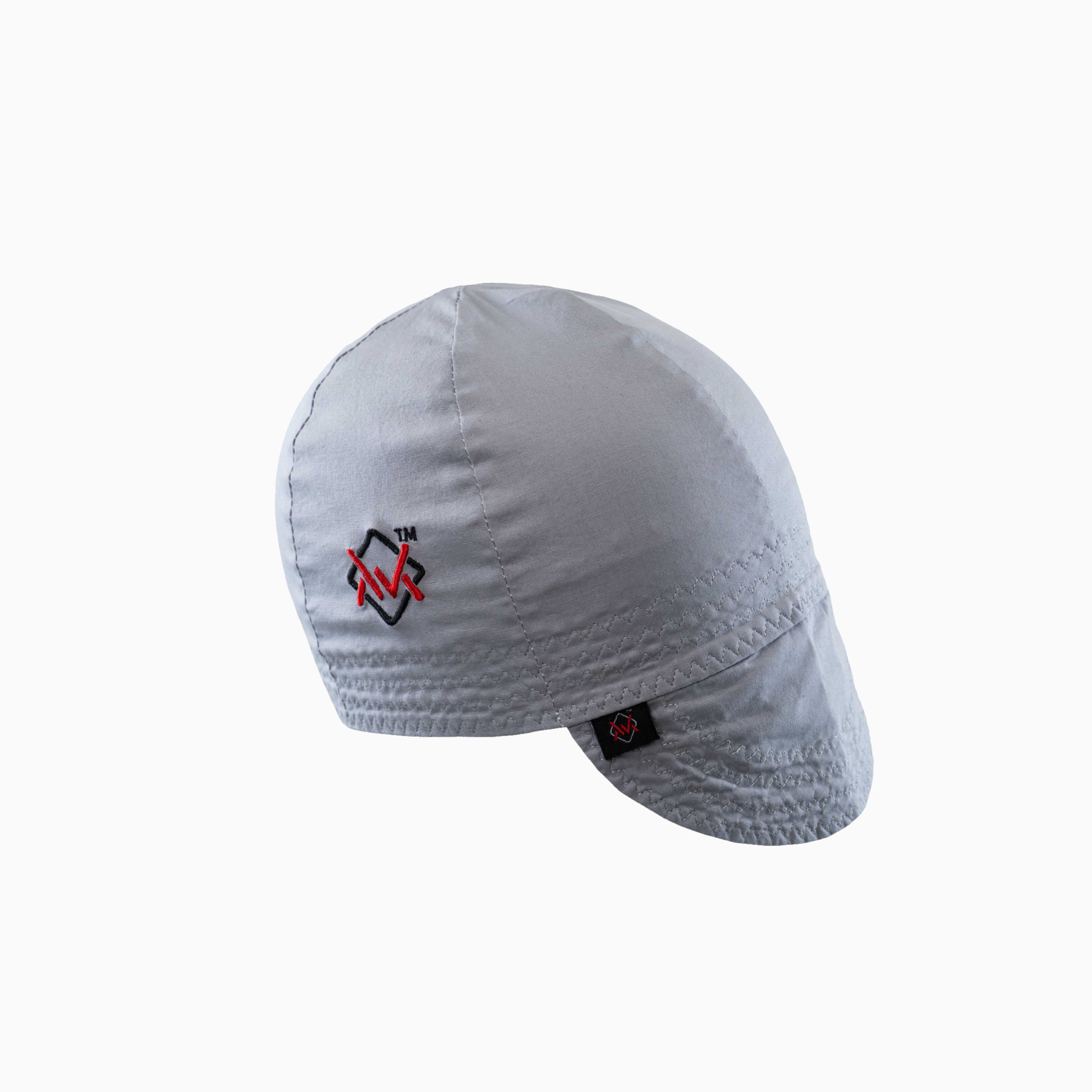 The Magician Grip Welding Cap in gray with red embroidered logo, durable and comfortable welding headwear.