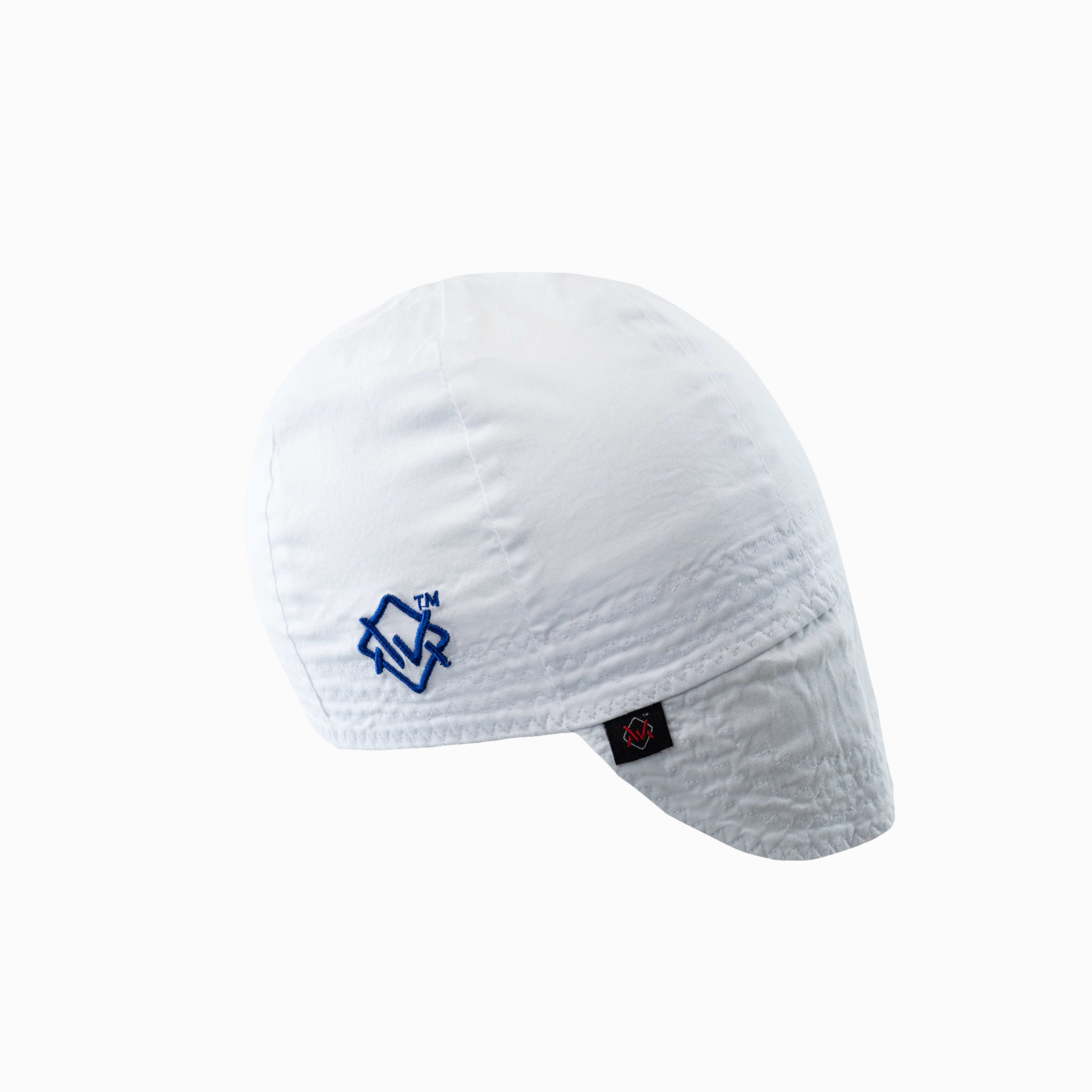 The Magician Grip Welding Cap in white with blue embroidered logo, soft and breathable protective welding cap.
