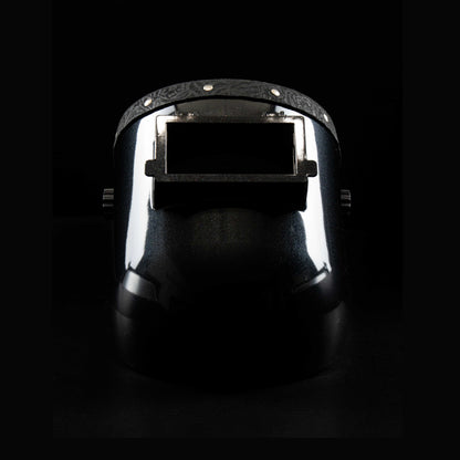 Front view of EliteWave Welding Hood with black floral leather edge and wide lens opening.