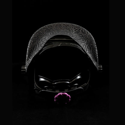 Back view highlighting black floral leather detail on headband and comfortable adjustable fit.