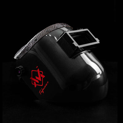 EliteWave Flip Lens Welding Hood with brown snake leather trim, side view highlighting stylish design.