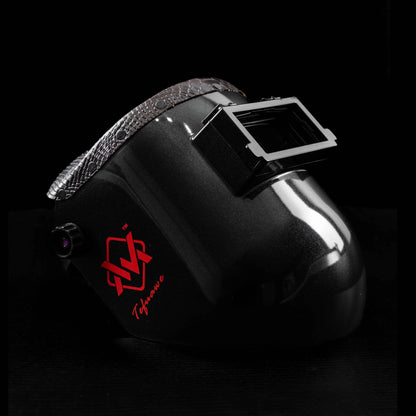 EliteWave Flip Lens Welding Hood with brown snake leather trim, side view highlighting stylish design.