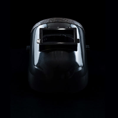 Front view of EliteWave Welding Hood with brown snake leather detail and flip-lens window.